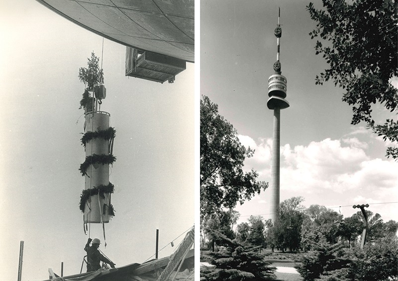 A Duna-torony építése és az elkészült torony. Forrás: donauturm.at