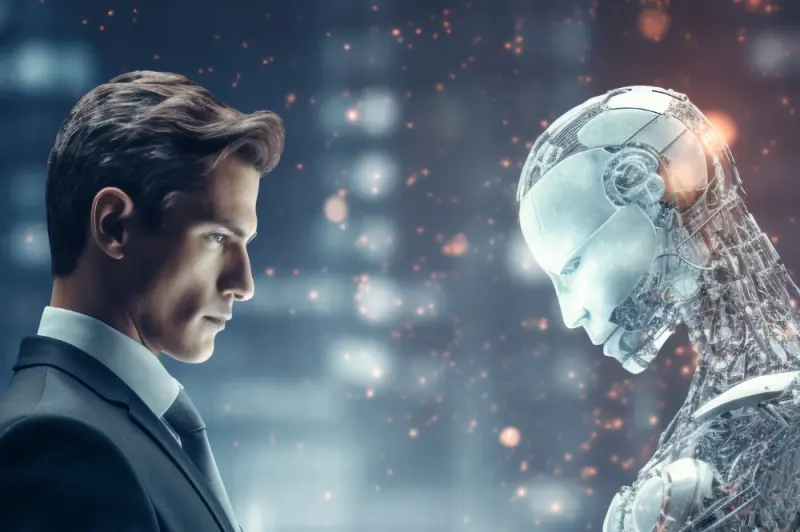 portrait of person and ai robot, freepik