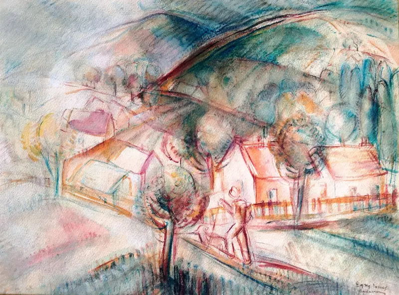 Egry József (1883-1951) Badacsonyi szőlőhegy 30x39cm olajpasztell, papír
